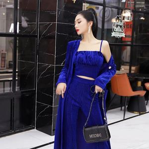 Women's Two Piece Pants Solid Color High-grade Velvet Suit Autumn 2023 Fashion Suspender Electro-optic Blue Long Coat Three Set