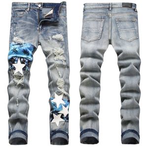 Men Jeans Letter Star AM tiny spot Men Embroidery Patchwork Ripped Sexy Romantic Wild Motorcycle Pant Mens AM3422-00 size 29-38