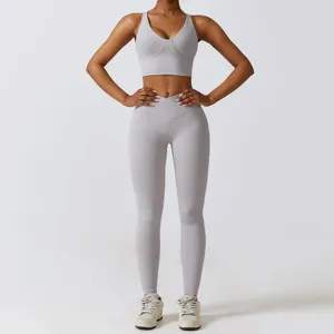 Conjuntos ativos yoga ginásio conjunto feminino duas peças sutiã esportivo leggings para lycra treino das mulheres roupa esportiva mulher esportiva cinza