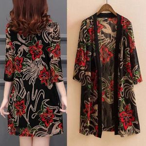 Women's Jackets 2023 Summer Lace Cardigan Printed Mid-length Shawl Thin Middle-aged Women Air-conditioned Shirt Jacket Y256