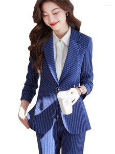 Women's Two Piece Pants Pant Suit Ladies Black Blue White Stripe Blazer Jacket And Trouser Female Work Wear Formal 2 Set For Autumn Winter