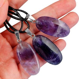Pendant Necklaces TUMBEELLUWA 1Lot (5Pc) Oval Purple Crystal Necklace Amulet Reiki Healing Adjustable Leather Cord For Unisex