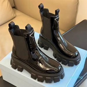 Monolith shiny leather boots Autumn and Winter Triangle Women's Style fight Boots Leather Motorcycle Ankle Boots Designer factory footwear