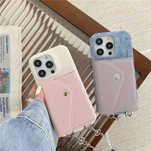 Colar de luxo Jeans Vogue Phone Case para iPhone 15 Plus 14 13 12 11 Pro Max XR XS Resistente e elegante alça crossbody slot para cartão Litchi Grain Leather Wallet Back Cover