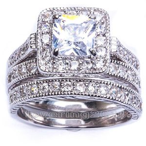 Storlek5 6 7 8 9 10 Retro Vintage Princess Cut Jewelry 10kt White Gold Filled GF Whit Topaz Women Wedding Bridal Ring Set G232R