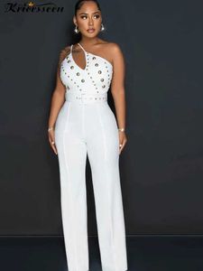 Kvinnors jumpsuits rompers Kricesseen Sexig vit kristall breda ben byxa jumpsuit med bälten kvinnor ärmlös en axel en bit romper klubbkläder outfitsl231017