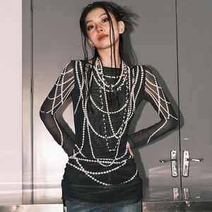 Women's T Shirts 3D Beaded Chain Printed T Shirt Korean Fashion 2000s Y2k Drawstring Long Sleeve Tops Graphic Tees White Black P85-CZ17