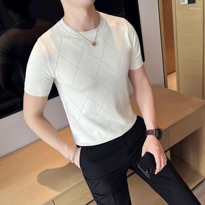 Men's T Shirts 2023 Summer Knitted Plaid Elasticity Shirt Men O-Neck Short Sleeve Casual Slim Fit Sweater Tops Tees Social Club T-Shirt