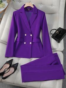 Calças femininas de duas peças moda M-8XL escritório senhoras formal calça terno conjunto mulheres cinza roxo feminino trabalho de negócios desgaste 2 blazer jaqueta e