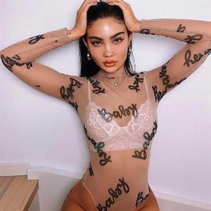 Sexig bodysuit naken mesh rompers kvinnor jumpsuit långärmad transparent klubbkläder kvinnlig kroppsdräkt se genom toppar 2020 vår294s