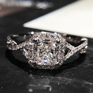 14kホワイトゴールドスクエアカットダイヤモンドリングジルコン宝石婚約結婚指輪Topazファインジュエリーギフト255g