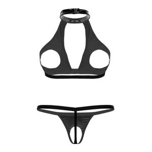 Bras sätter kvinnor våt utseende faux läderbikini underkläder sexig erotisk underkläder set clubwear halter hals ihålig byst bra med g-st212l