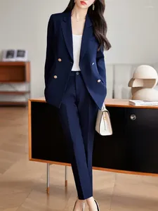 Women's Two Piece Pants Autumn Women Fashion Solid Elegant Office Trousers Suit Vintage Slim Casual Blazer Jackets Pencil Pantsuit Female