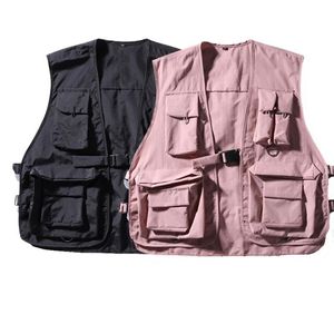 Hip Hop Loose Vest Sportswear Mens Pink Cargo Waistcoat With Pockets Jacket Coat Streetwear Tactical Vests Sweatshirts2373