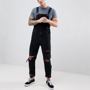 Black Overalls Mens Holes Pocket Jeans Overall Jumpsuit Streetwear Suspender Long Pants Pantalones1280R