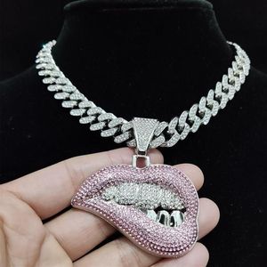 Hänghalsband Hip Hop Bite Lip Shape -halsband med 13 mm Crystal Cuban Chain Iced Out Bling Hiphop Fashion Jewelry for Men wope302i