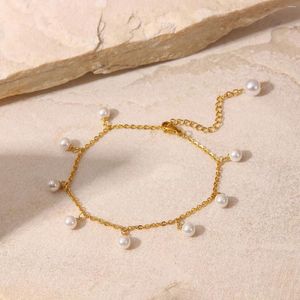 Anklets Tarnish Free Foot Jewelry Wholesale 18K Gold Plated Stainless Steel Charm Figaro Chain Ankle Bracelet Pearl Anklet For Women