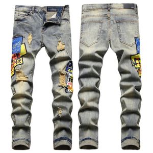 Men jeans brevstjärna am små spot män broderi lapptäcke rippade sexiga romantiska vilda motorcykelbyxor am3172-00 storlek 29-38