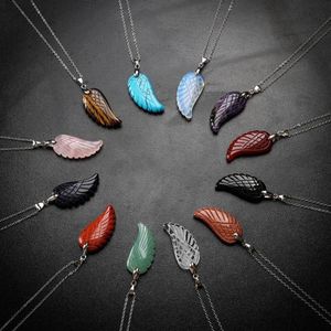 Aura healing crystal quartz gemstone jewelry necklaces angel wings carved stone pendant necklace unisex269W