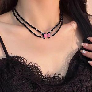 Necklace Earrings Set Y2K Pink Heart Pendant Dangle For Women Sweet Cool Black Beaded Bowknot Choker Accessories Fashion Jewelry