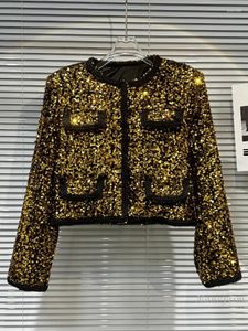 Women's Jackets 2023 Autumn Niche Model Style Golden Shining Large Sequined Coat For Women Pocket Short Partywear Top