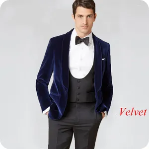 Men's Suits Navy Blue Velvet Men Smoking Wedding Groom Tuxedo Shawl Lapel Tailored Male Blazers 3Piece Slim Fit Jacket Pants Vest Prom