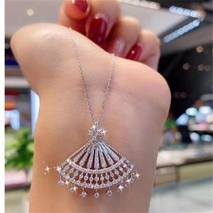 2021 Marke Ankunft Funkelnder Luxus Schmuck Fan Anhänger 925 Sterling Silber Voll Shinning Weiß 5A Zirkon Edelsteine Versprechen Frauen 290d