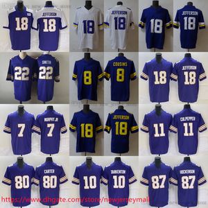 映画2023-24新しいS-6XLフットボールウェアジャージーステッチ18 Justinjefferson 8 Kirkcousins 87 Tjhockenson 22 Harrisonsmith Jersey