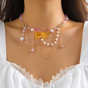 Anhänger Halsketten Lacteo Niedliche Farbverlauf Acryl Halskette Frauen 2023 Trendy Quaste Imitation Perle Gespleißt Choker Schmuck am Hals Mädchen