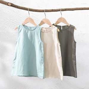 Vestidos de menina verão meninas sem mangas algodão e linho vestido 2023 bebê casual cor sólida bolso roupas infantis