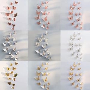 ウォールステッカー12pcsset Hollow 3d butterfly for wedding decoration livingroom window home Decor Gold Silver Butterfliesデカール231017