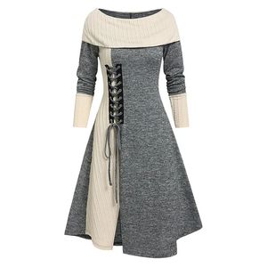 Urban Sexy Dresses Colorblock Lace Up Foldover Dress Two Tone Knitted Fashion Daily A-Line Boat Neck Long Sleeves Midi Robe For Women Fall Spring 231017