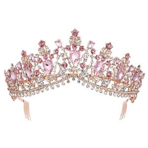 Barock Rose Gold Pink Crystal Bridal Tiara Crown med Cam Pageant Prom Veil Pannband Bröllop hårtillbehör 211006300X