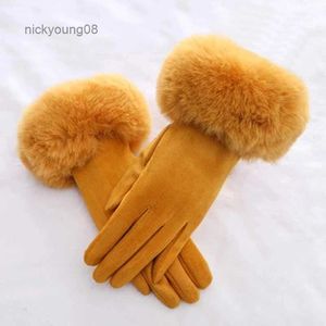 Fingerless Gloves Women Faux Rabit Fur Wrist Suede Leather Touch Screen Driving Glove Winter Warm Plush Thick Full Finger Cycling Black Mitten H92L231017