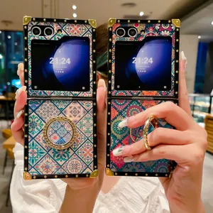 Military Shockproof Square Floral Flowers Finger Ring Kickstand Case For Samsung Galaxy Z Flip 5 4 3 Flip4 Flip3 Phone Cover