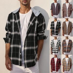 Erkekler Sıradan Gömlek Moda Ekose Kapşonlu Gömlek İnce Fit Erkek Elbise Kontrol Uzun Kollu Osside Sosyal Kimlik
