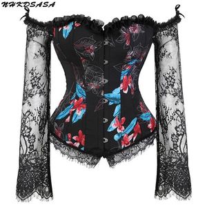 Corset Bustier Top With Straps For Women Sexy Lingerie Lace Up Plus Size Long Sleeves Body Shaper Costumes Burlesque Black White W285R