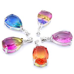 Mix 5PCS Rainbow New Luckyshine 925 sterling Silver Drop Oval Bi-Colored Pink Tourmaline Gemstone Necklaces Pendants For Lady Part2788