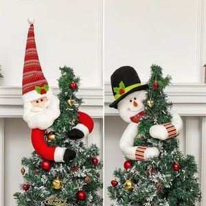 1pc Christmas Tree Topper Decorations Large Plush Santa Claus Snowmen Elk Head Hugger Ornaments With Hat Shawl Poseable Arms Xmas