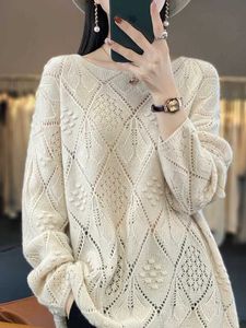 Women's Sweaters Aliselect Fashion Hollow Out Merino Wool Cashmere Women Knitted Sweater ONeck Long Sleeve Pullover Top