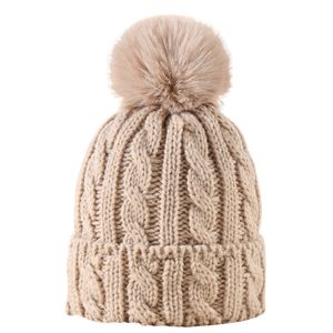 Gorro grosso de inverno para mulheres, chapéu de bola de pelo com pompom, tricô pesado, manter quente, gorro cáqui, preto e branco