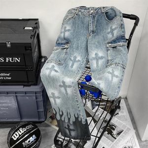 Mäns jeans punk denim byxor män harajuku flamma tvärtryck färg block baggy manlig rak byxor multi-fockets höst win231n