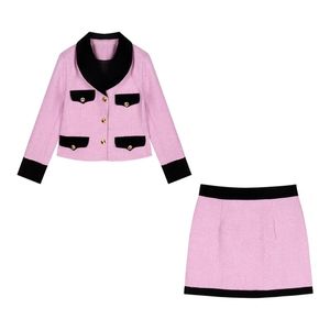 Autumn de lapela feminina Bloco de lã rosa fofa de lã e uma saia A-line Twinset 2 PC Dress Sml