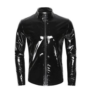 Giacche da uomo S-7XL Taglie forti Uomo Sexy lucido Wetlook Latex Camicia in pelle Cerniera Nightclub Stage Cappotto Maschile Manica lunga Giacca in pelle PVC Top 231013