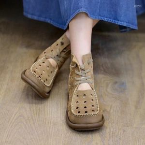 Sandálias Johnature 2023 Retro Handmade Hollow Out Botas de Verão Genuíno Couro Square Toe Sofe Sole Flat Shoes