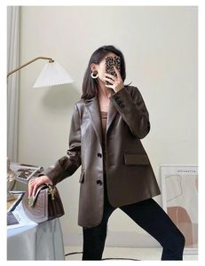 Women's Jackets European Coffee Sheepskin Leather Coat For 2023 Mid Length Small Suit Spring And Autumn Season