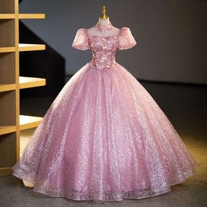 アラビア語の長い花嫁ドレス3Dフローラルパールネックレスハイネックスパンコール床の長さ中東プリンセス光沢のあるガウンフォーマルパーティープロムガウン403