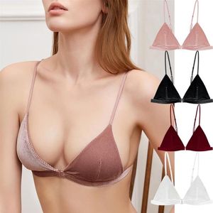 Reggiseno con coppa a triangolo francese in velluto a coste sexy con fibbia anteriore e bella parte posteriore sottile senza bordi intimo da donna Bras306a