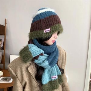 Sciarpe 2 pz/set Harajuku Addensare Caldo A Righe All'uncinetto Sciarpa Lavorata A Maglia Con Cappello Beanie Y2k Streetwear Inverno Lungo Per Le Signore 2023