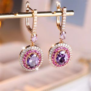 Hoop örhängen Rose Red Zircon Oval Earring Purple Crystal Eggformad Stone For Women Champagne Gold Color Wedding Bridal Jewelry